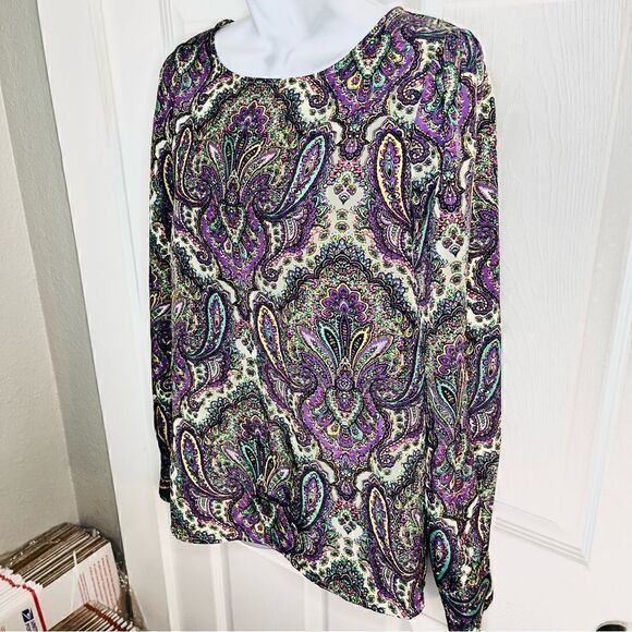 J.Crew Factory Paisley Puff Sleeve Satin Blouse Purple Cream XS - Picture 4 of 8